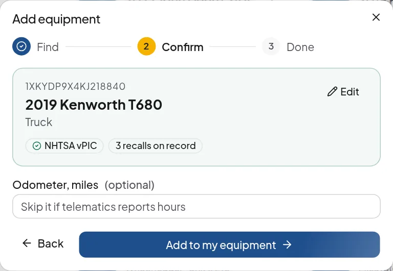 Add equipment: scan or type a VIN